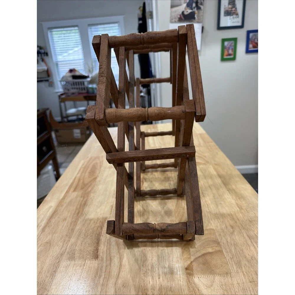 Vintage Wooden Wine Rack Expandable MCM Folding 8-10 Bottle Counter Top